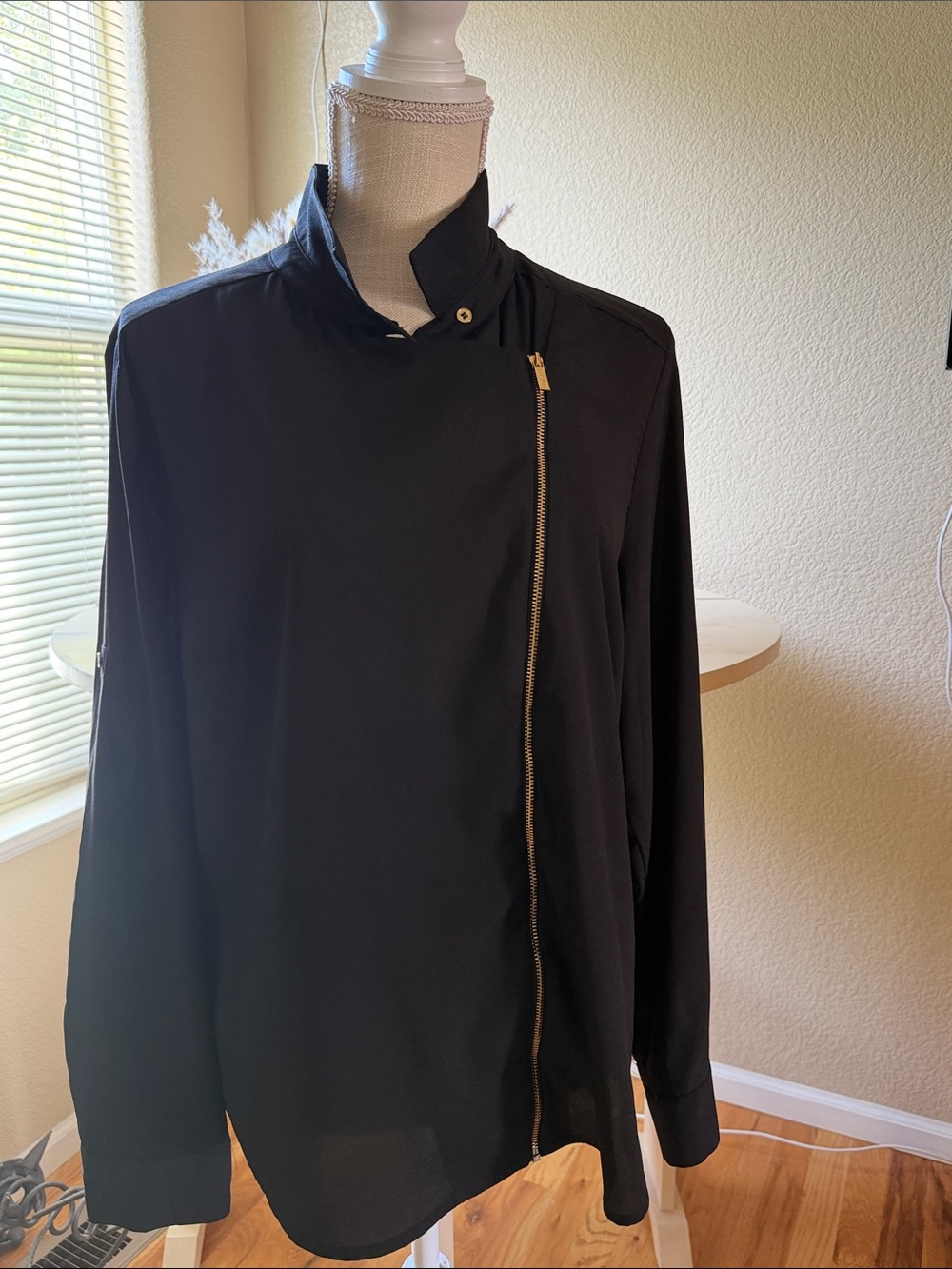 Calvin Klein Black Blouse with Gold Asymmetrical Zip
